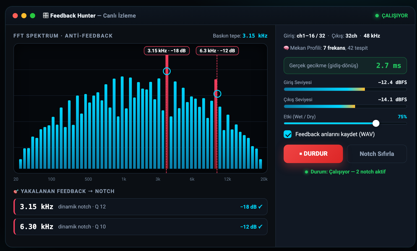 Feedback Hunter uygulaması — canlı FFT spektrum analizi, yakalanan feedback frekansları (3.15 kHz ve 6.3 kHz) ve uygulanan dinamik notch filtreleri, giriş/çıkış seviye metreleri, Wet/Dry ve 2.7 ms gecikme